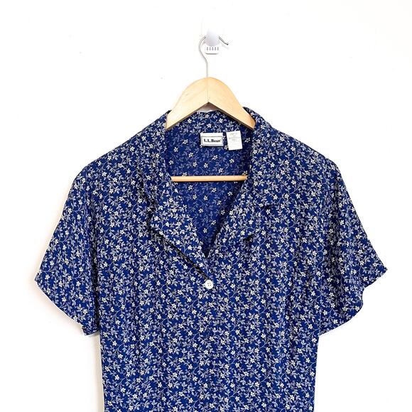 Vintage LL Bean Shirt Dress Size 14 Blue 90s Ditsy Cottage Tie Floral Modest - Picture 4 of 9